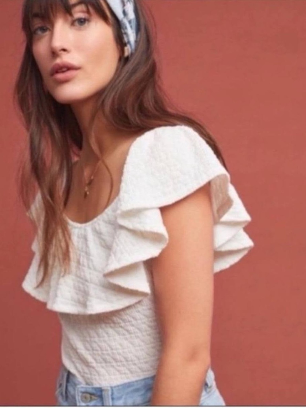 Anthropologie Ivory Off Shoulder Ruffle Textured Blouse Size Small
